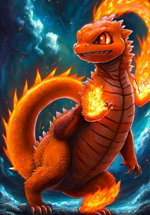 Prompt: UHD, , 8k,  oil painting, Anime,  Very detailed, zoomed out view of character, HD, High Quality, Anime, Pokemon, Charmander, Charmander is a bipedal, reptilian Pokémon with a primarily orange body and blue eyes. Its underside from the chest down and the soles of its feet are cream-colored. It has two small fangs visible in its upper jaw and two smaller fangs in its lower jaw. A fire burns at the tip of this Pokémon's slender tail and has blazed there since Charmander's birth. The flame can be used as an indication of Charmander's health and mood, burning brightly when the Pokémon is strong, weakly when it is exhausted, wavering when it is happy, and blazing when it is enraged. It is said that Charmander would die if its flame were to go out. However, if the Pokémon is healthy, the flame will continue to burn even if it gets a bit wet and is said to steam in the rain.

Charmander can be found in hot, mountainous areas. However, it is found far more often in the ownership of Trainers. As shown in Pokémon Snap and New Pokémon Snap, Charmander exhibits pack behavior, calling others of its species if it finds food, and watching the flames on each other's tails to ensure they don't go out.

Pokémon by Frank Frazetta