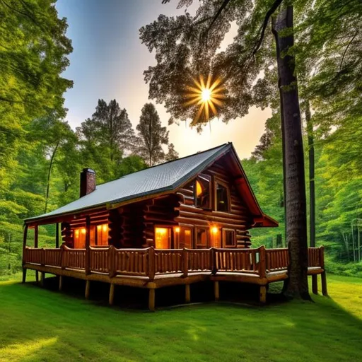 Prompt: cozy wooden log cabin deep in the woods, tall leafy trees surrounding it, sunrise in the background, photorealistic, hd, high quality