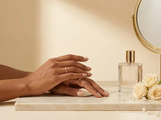 Prompt: A modern luxury still-life scene symbolizing strength and courage with feminine elegance. A pair of brown or Black feminine hands positioned confidently at rest on a polished marble surface—hands adorned with minimal gold rings, well-manicured neutral-toned nails, and a poised, grounded posture that conveys inner strength rather than aggression. The hands are relaxed yet assured, symbolizing courage rooted in faith.

Surrounding the hands are high-fashion, minimalist luxury elements: a sleek perfume bottle with gold accents, a softly curved gold-framed mirror partially visible, and a few carefully placed pearls. One or two soft neutral florals (such as cream roses or orchids) add warmth without clutter.

The background is clean ivory or warm champagne, uncluttered and modern, with generous negative space above or beside the subject to add the scripture later. Lighting is editorial and refined—soft highlights, gentle shadows, calm and empowering, like a luxury fashion campaign.

Color palette: cream, champagne gold, pearl white, soft taupe, warm neutrals.
Style: Feminine, elegant, powerful, minimalist luxury.
Mood: Courage, confidence, calm strength, faith-filled assurance.
Composition is vertical, balanced, and highly printable for upscale Christian wall art.
Ultra-high resolution, crisp details, fine-art matte aesthetic.

--ar 3:4