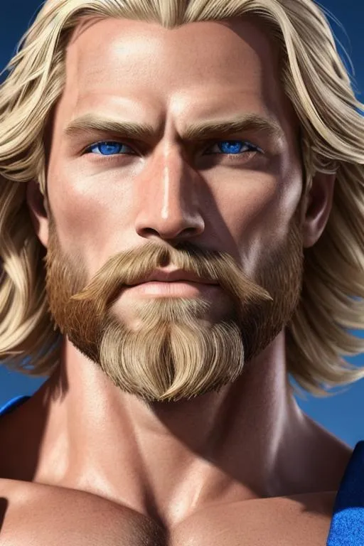 Prompt: Photo of a rugged male warrior, medium musculature, blonde, short beard, very detailed eyes, 8k, royal blue clothing. 