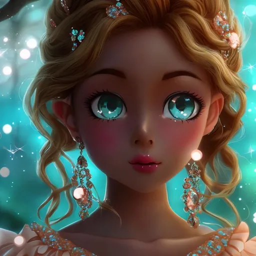 Prompt: Anime, Princess, Teal eyes, Apricot Ballgown, diamond earrings, brown skin, HD, 4k, High Quality, Effects.