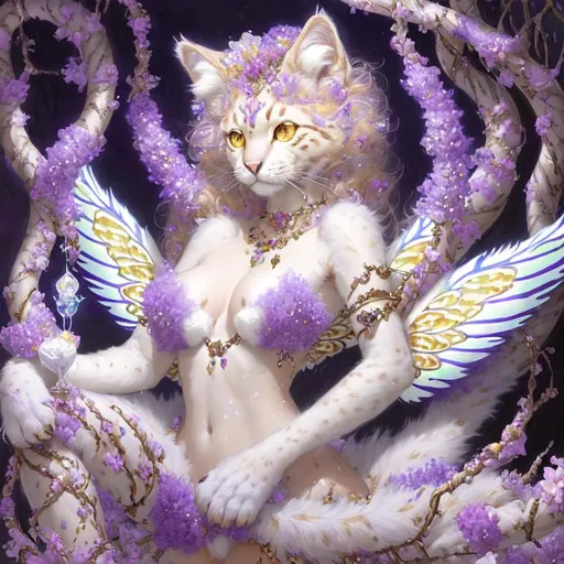 Prompt: a bejewelled felinoid fursona with soft downy facial fur, blue, lavender, mauve, cream, brown eyes, white and cream striped fine, whispy body fur, calico-Influence, white luminescent biomorphic glistening wings, in the style of Donato Giancola, Amanda Sage, in flower garden, darkness, glowing magical flowers, moonlight, low volumetric glowing fog, background theme glowing stars, epic, painted, fantasy, beautiful rich deep colors, in the style of Android Jones, Jean Tinguely, dynamic lighting volumetric lighting , occlusion, 128K UHD Unreal Engine 5