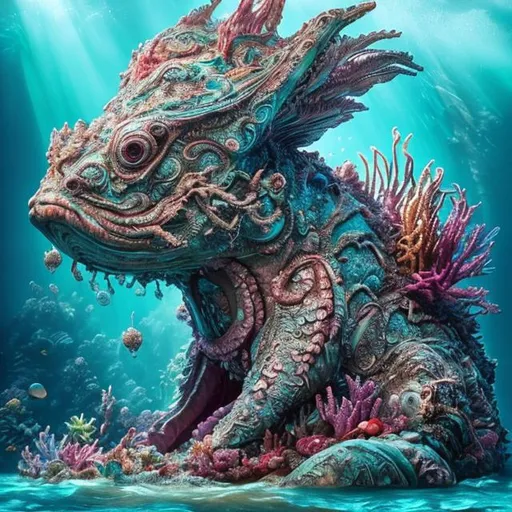 Prompt: imagine prompt: A legendary sea creature surfaces near a tropical island, its massive body partly submerged in the crystal-clear waters. The creature's textured skin, adorned with intricate patterns, adds to its mystique. Surrounding the creature, vibrant coral reefs teem with colorful fish, creating a breathtaking underwater tableau. The sculpture masterfully captures the creature's realism with meticulous attention to anatomical details and lifelike textures. Sculpture employs high-quality materials like resin or bronze, showcasing intricate craftsmanship. --ar 16:9 --v 5