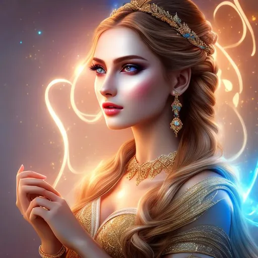 Prompt: HD 4k 3D 8k professional modeling photo hyper realistic beautiful woman ethereal greek goddess of loyalty
long blue hair brown eyes gorgeous face fair skin shimmering party dress jewelry headpiece full body surrounded by magical glowing light hd landscape background ancient greek festival 