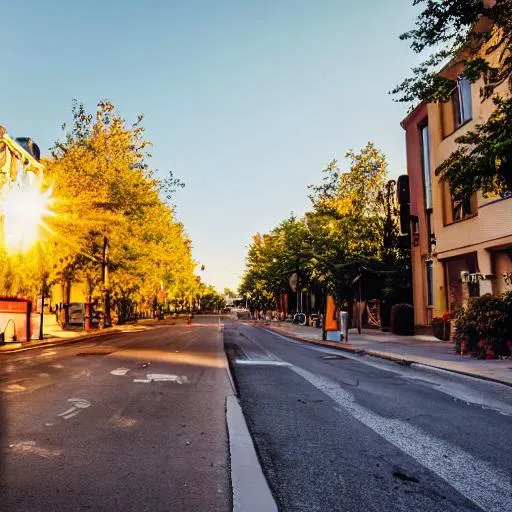 Prompt: street view in the background, golden hour, in color, cinematic, low angle view, 4 k digital camera