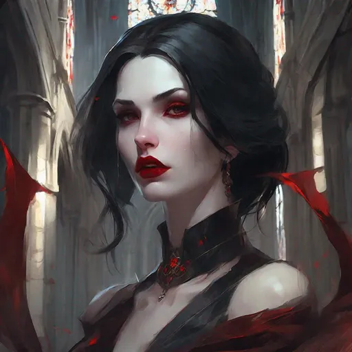 Prompt: mother of vampires, a beautiful seductress vampire with dark hair, pale skin, red lips, set in an ancient cathedral. inspired by Krenz Cushart, neoism, kawacy, wlop, gits anime