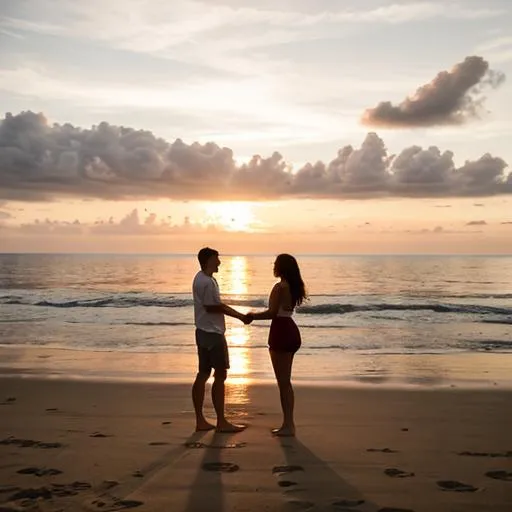 Prompt: couple facing sunset on beach, silhouette, beauty