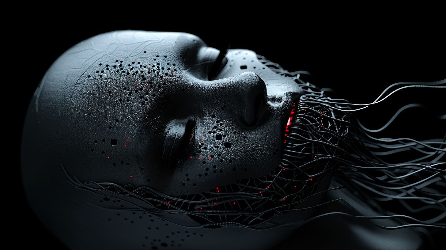 Prompt: 3d female face surrounded by wires,, in the style of dark silver and dark black, afrofuturism, intricate body-painting, pixelated, robotic motifs, made of rubber, textural minimalism