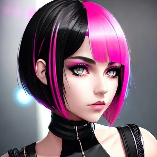 Prompt: cyber punk, insanely beautiful 16 year old girl. black with pink streaks bob cut hair.  wearing a tight black top and black jeans. perfect grey eyes. perfect anatomy. symmetrically perfect face. hyper realistic. soft colours. no extra limbs or hands or fingers or legs or arms.
