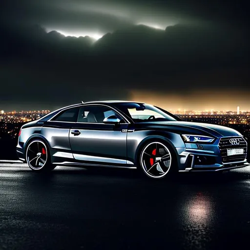Prompt: A dark grey Audi S5 sitting on the side of the road, overlooking a city skyline at night during a storm