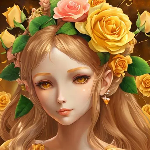 Prompt: fairy goddess, peach and yellow roses, closeup