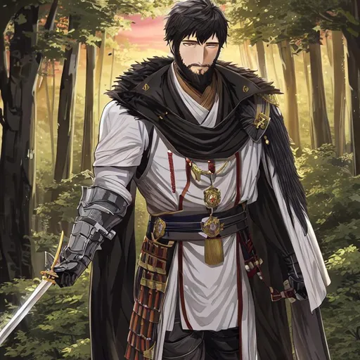 Prompt: male human knight, short Black Hair, medal armer, in the Woods, D&D, beard, sunset