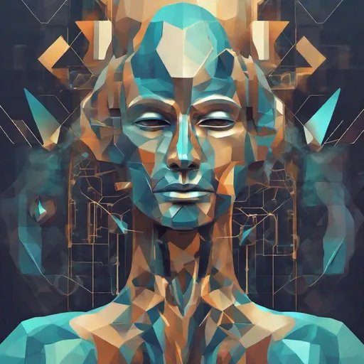 Prompt: Illustrate an abstract image depicting the concept of transhumanism. Blend organic shapes in human-like colors with geometric shapes in metallic hues, representing the fusion of humanity and technology.