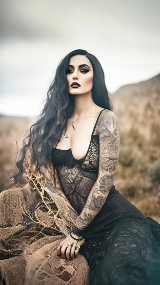 Prompt: Beautiful, Enigmatic, tattooed, Lilith, wearing a worn black dress, at the paramo, hyperrealistic, hyperdetailed, 16K, close-up, perfect composition, ambient light, textured skin, by Floria Sigismondi.