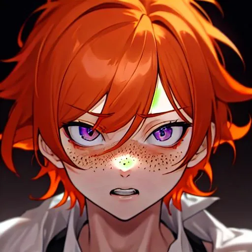 Prompt: Erikku male (short ginger hair, freckles, right eye blue left eye purple) UHD, 8K, Highly detailed, insane detail, best quality, high quality.