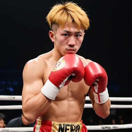 Prompt: Imagine a Japanese boxer resembling Naoya Inoue with golden hair. He's wearing unrealistically big red boxing gloves in a boxing ring.