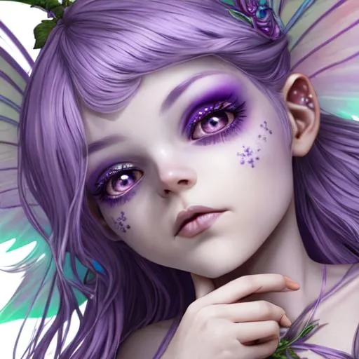 Prompt: A rainbow fairy goddess with pale purple hair and eyes, closeup