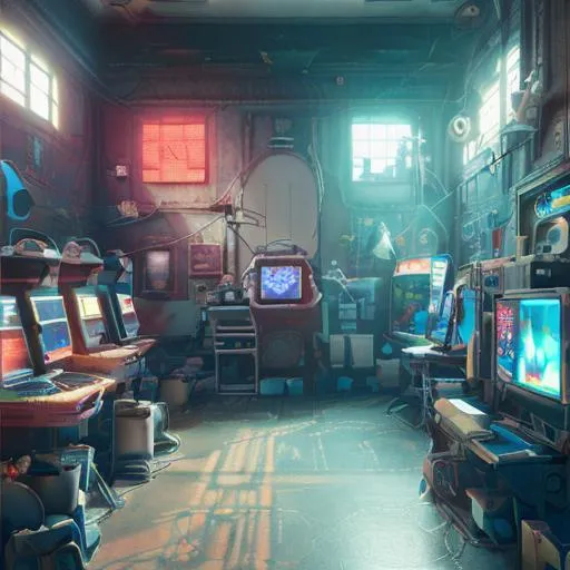 Prompt: Kid trapped inside a videogame world, warm palette colorful, soft shapes and objects hall, nintendo world, arcade videogame monitors, octane render, volumetric lighting, ray tracing, intricately detailed, fantasy