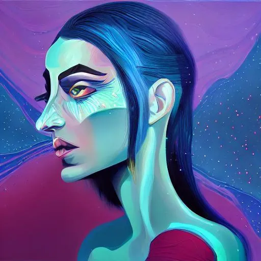 Prompt: Surreal portrait of beautiful female, cosmic landscape background, acrylic on canvas in style of post modernism 