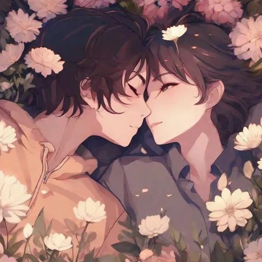 Prompt: close up shot, anime, girl and boy, lying in a bed of flowers, headshot, delirious, midnight, moonlight, dreamy filter