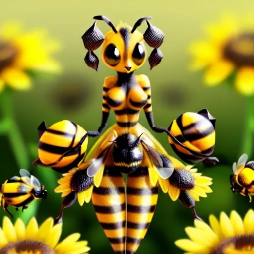 Prompt: A furry style bee girl,  humanoid hybrid anthropomorphic (bumblebee insect queen) in a field of flowers, mix humanoid basic form with distinctive bumblebee features (bee wings on back, bee antennas, bee coloring) to create a cute and beautiful creature.