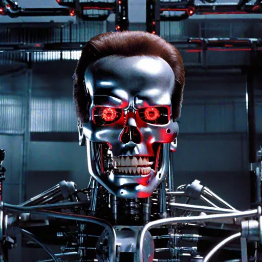 Prompt: A menacing Terminator endoskeleton middle face of Arnold Schwarzenegger, stares into the camera, its red eyes glowing with artificial intelligence. The metal frame is perfectly preserved, and the machine's expression is one of pure hatred, post-production techniques, giving it a sharp, realistic qua