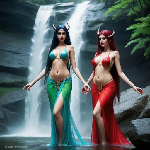 Prompt: 3 bright succubus blue skin, red skin and green skin without saree at the waterfall. skinny, long transparent hair and super long torso. Slim waist. Gigantic bosoms. With a cross on. enchanting night gown, alluring, inviting