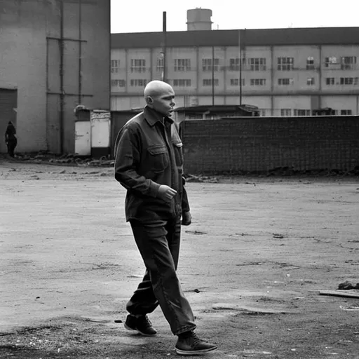 Prompt: unemployed skinhead walking  hands in his pocket and kicking stone with his right leg. Looking at the factory at background.