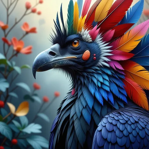 Prompt: (regal looking vulture), (surrealistic style), (vibrant color scheme), extraordinary and spectacular plumage, ornate and imaginative details, dreamlike atmosphere, high contrast vivid hues, intriguing textures and forms, whimsical background elements, soft ethereal lighting, (ultra-detailed), striking visual composition, captivating and mesmerizing appearance.