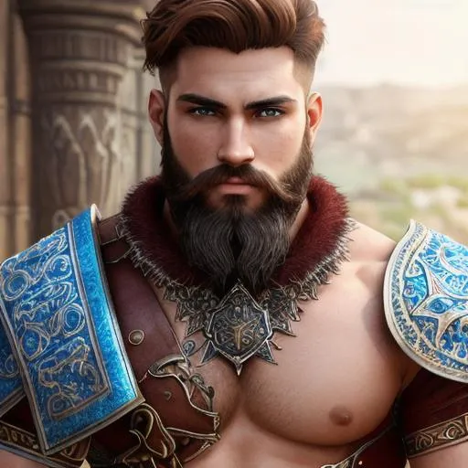Prompt: Young male fantasy warrior, not very handsome, medium musculature, auburn, beard, full leather armor, very detailed eyes, UHD, 64K, sharp focus, studio photo, intricate details, highly detailed