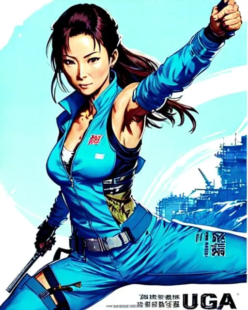 Prompt: poster art (((Yoji Shinkawa))), sticker of ultra high detailed portrait of Michelle Yeoh, Kung fu pose, baby blue suit,  full body, high quality cell shaded illustration in post apocalyptic style by Yoji Shinkawa, ((full body)), dynamic pose, perfect anatomy, centered, freedom, soul, approach to perfection, cell shading, 64k , cinematic dramatic atmosphere, watercolor painting, global illumination, detailed and intricate environment, artstation, concept art, fluid and sharp focus, ultra high definition, volumetric lighting, cinematic lighting, Art by Yoji Shinkawa,
