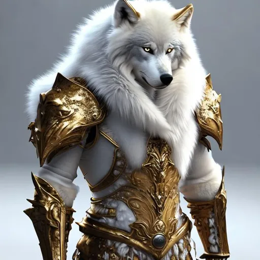 Prompt: Wolf in armour. White fur with golden armour, eyes warm as amber. Realistic 3d fantasy art, human posture