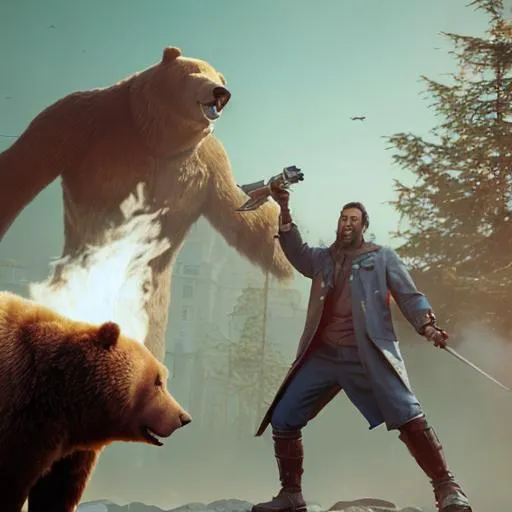 Prompt: Man with giant fire-sword fighting a big bear in the city