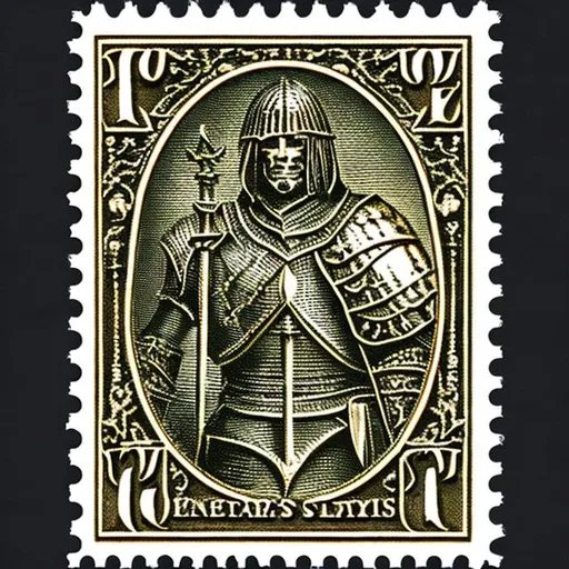 Prompt: hyperrealistic beautiful gothic style postage stamp depicting a realistic pallos and a realistic knight's armor