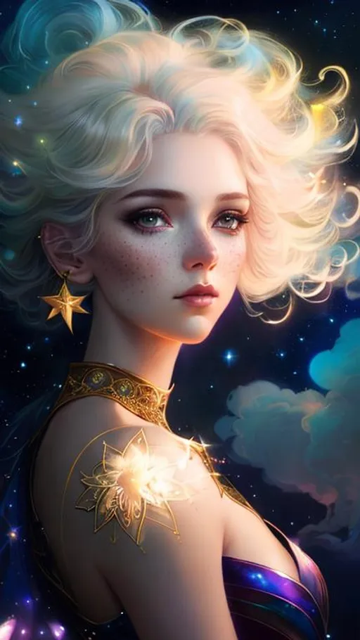 Prompt: A very beautiful woman with hair made of glowing clouds illuminated by the moonlight, freckles shaped as Golden stars, artistic makeup with a metallic iridescent pallette, art by Tom Bagshaw, artgerm, ilya kuvshinov,  Huang Guangjian, Josephine Wall, WLOP, art by Laura Hollingsworth, Andrew Atroshenko, 4k, pretty visuals, aesthetic, artstation, unreal engine, shadow effect, insanely detailed and intricate, highly detailed, shooting stars, iridescent effect to the white clouds.