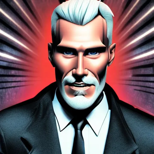 Prompt: Max Headroom with gray hair and beard

