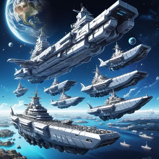 Prompt: Anime horde of huge sleek silver spacw battleships, in orbit of an azure planet, illustration