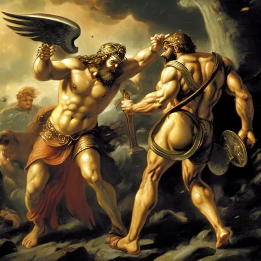 Prompt: Zeus in Valhalla fight with Hercules 