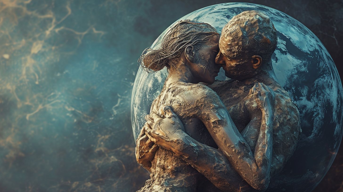 Prompt: an image of an earth and a man hugging each other, in the style of twisted futurism, bess hamiti, graceful sculptures, signe vilstrup, romantic illustration, mars ravelo, anamorphic art