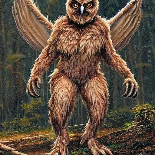 Prompt: Hyper realistic Bipedal owlman, or Wereowl, in forest, full moon, horror, terror, bodybuilding upper body Muscles , brown fur, with red eyes! Claws. 7 feet tall, and sinister, and battling Sasquatch! Vicious Hellhound. Evil , large wings!