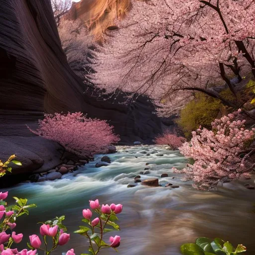 Prompt: fantastic photo of a river coming from a canyon in early morning of spring, god rays highlight the Cherry bloom and rose growing beside the river. UHD 8k DSLR Photo with Pentex by Wayne Barlowe and Jim Burn, The Lord of the Rings. 