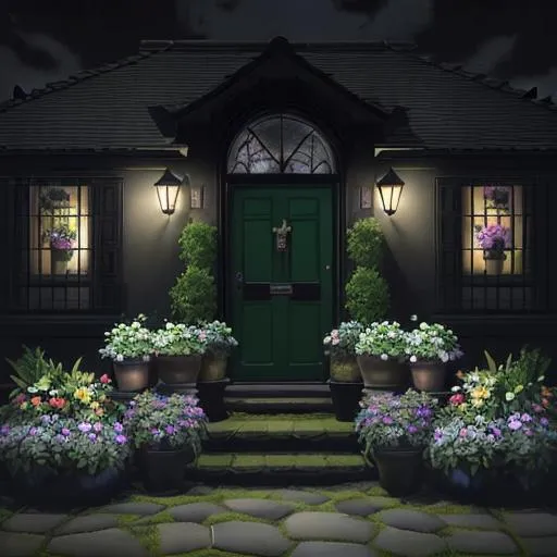 Prompt: night-time, black, garden, multicolored flowers, flower pots, pots, planter boxes, entryway, dark sky, dark clouds, 
very soft █►green◄█ theme, dark shadows, dark walls, dim lights, (some cyan small things:0.8), 
♦♦ doorstep, letterbox, front porch, porch, foyer, stool, garden bench, butterflies, bees, flowers, watering can, garden tools, hair flower, hair ribbon, pail, 

■■ {{{{best quality, 8k resolution photography, artistic photography, photorealistic, masterpiece}}}}, 