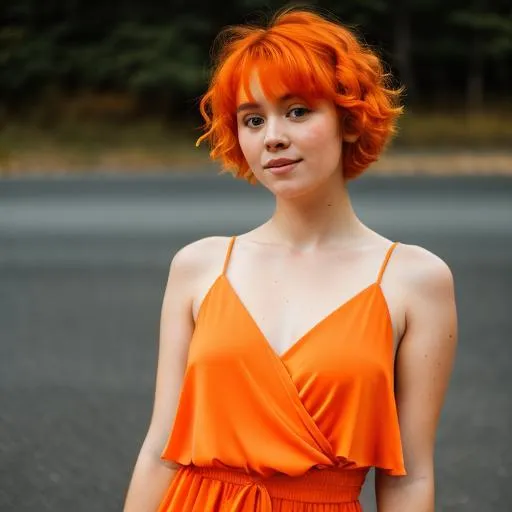 Prompt: girl with orange short hairs orange hairs  buetiful orange dress