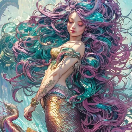 Prompt: goddess of mermaid girl, vibrant, whimsical by russ mills by anna dittman, dark background, ruby, long wavy hair, scenic, cute, adorable, pretty, 8k resolution concept art portrait by Greg Rutkowski, Artgerm, WLOP, Alphonse Mucha dynamic lighting hyperdetailed intricately detailed Splash art trending on Artstation triadic colors Unreal Engine 5 volumetric lighting, gothic, high resolution, Close up portrait, ambient light, Nikon 15mm f/1.8G, by Rebecca Suger, glamour, intricate and detailed environment, laces, stains, watercolor dark background, Masterpiece, Royo, ornate, depth