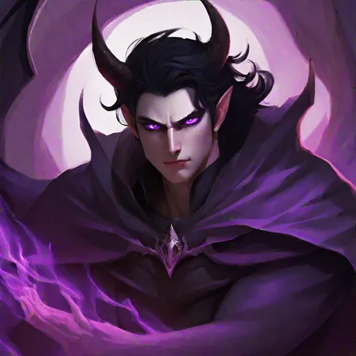 Prompt: Desmosin (male, black hair, purple eyes) wearing a cape, as a demon