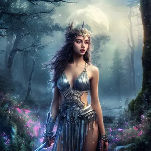 Prompt: HD 4k 3D 8k professional modeling photo hyper realistic beautiful young warrior woman ethereal greek goddess of the hunt, wilderness, animals and the moon
black hair gorgeous face fair skin silver shimmering dress full body surrounded by moons glowing light hd mystical landscape at night background of forest trees, flowers, stars, moon, weapons, animals, deer