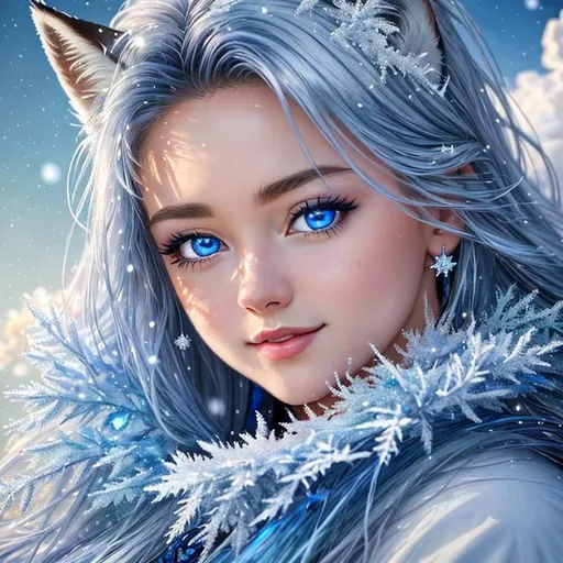 Prompt: UHD, 8k,  oil painting, Anime,  Very detailed, zoomed out view of character, HD, High Quality) Adolescent vixen fox, ice elemental, deep blue pelt covered in frost, bashful hypnotic sapphire blue eyes, calm bashful smile, gorgeous silver mane covered in snowflakes, slightly plump, moonlight beaming through clouds, grassy field covered in frost, cool colors, professional, unreal engine, depth, volumetric lighting