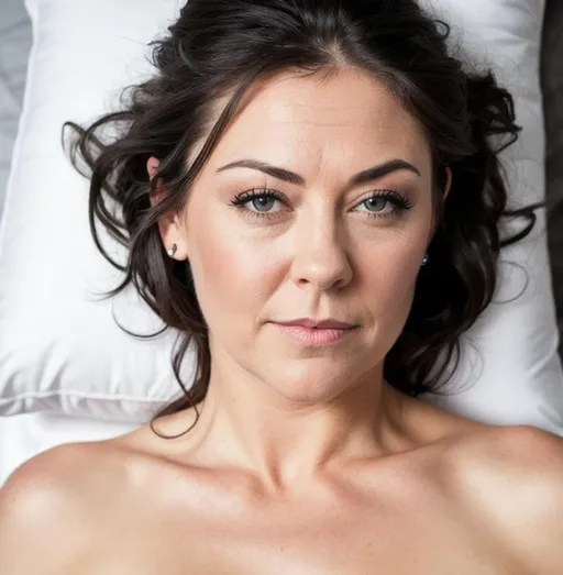 Prompt: Mascare, lacey turner, mature, silver hair, raw photo, dark long hair, pillow, beautiful girl, flirty, HD, ultra realistic, face only