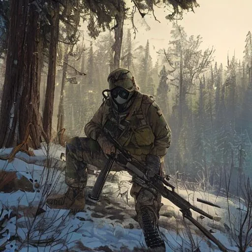 Prompt: Sniper stalking in the woods, trees, nuclear winter, burning objects, guns, camouflage, gas mask