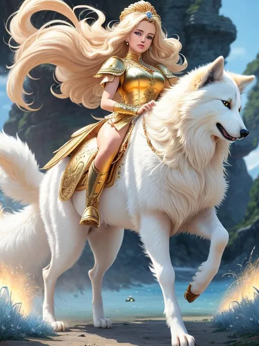 Prompt: (16k, 3D, ultra high definition, full body focus, very detailed, masterpiece, detailed painting, ultra detailed background, UHD character, UHD background) character design portrait of a beautiful medium-sized female ((quadruped)) with wind powers, golden-white fur and golden hairs, vivid crystal-blue eyes, big expressive 8k eyes, long blue diamond ears with royal blue and magenta interior, (sapphire sparkling rain), cute fangs, majestic like a wolf, playful like a fox, energetic like a deer, calm and inviting smile, ears of blue point siamese cat,  golden retriever face, fur speckled with sapphire crystals, fluffy mane, insanely detailed fur, insanely detailed eyes, insanely detailed face, standing in fantasy garden, atmosphere filled with (sparkling rain) and (flower petals), golden retriever face, pink and cyan flowers, cherry blossoms, mountains, auroras, pink twilight sky, Sylveon, Yuino Chiri, vivid colors